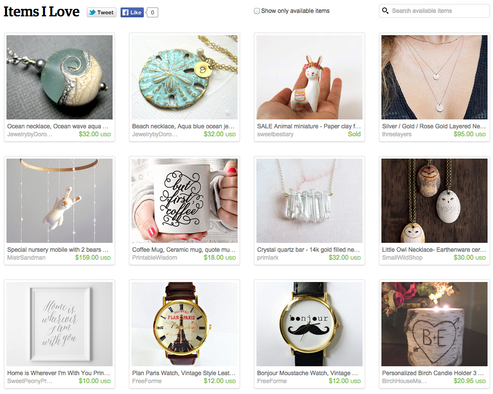 Screen Shot of items I love on Etsy