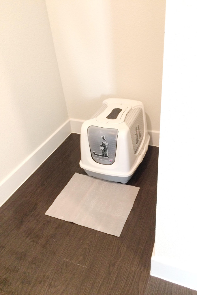 Neat and tidy hallway nook after being organized with cat litter box and grey mat