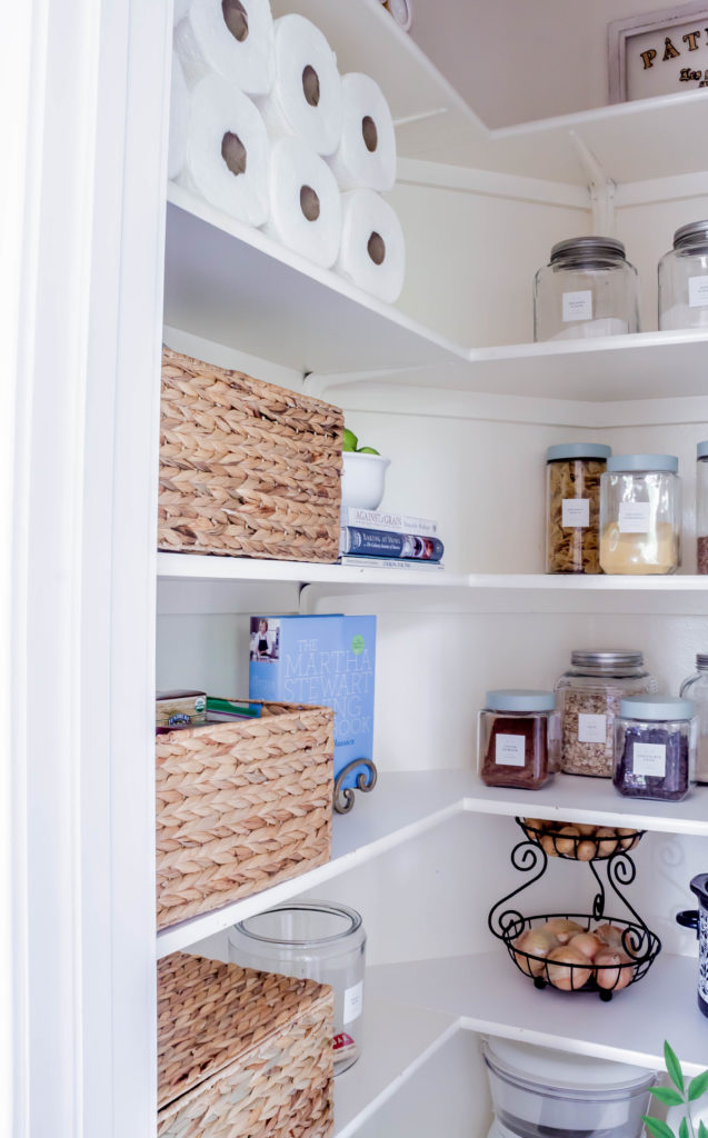 paper towels in rows and baskets filled with supplies