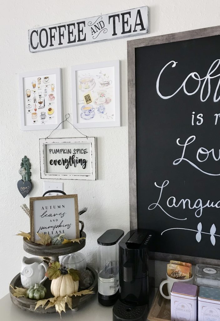 coffee bar with fall decor on a tiered tray for my fall tour